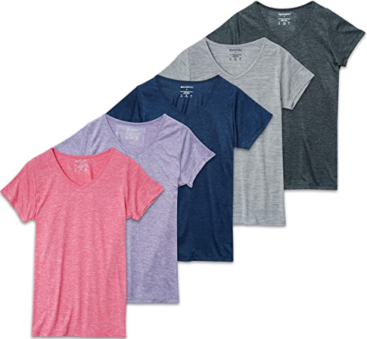 5-Pack Women's Short Sleeve V-Neck Activewear T-Shirt Dry-Fit Moisture Wicking Perfomance Yoga Top