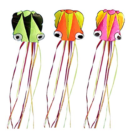 Set of 3 Large 157.5" High Cartoon Big Round Eyes Octopus Kites with Colorful Ribbon and Kite Board with 98.4 Foot String for Kids Toy Enjoy Parent-Child Time Beach Park Outdoor