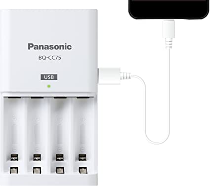 Panasonic BQ-CC75ASBA eneloop Individual Battery Charger with USB Charging Port, White