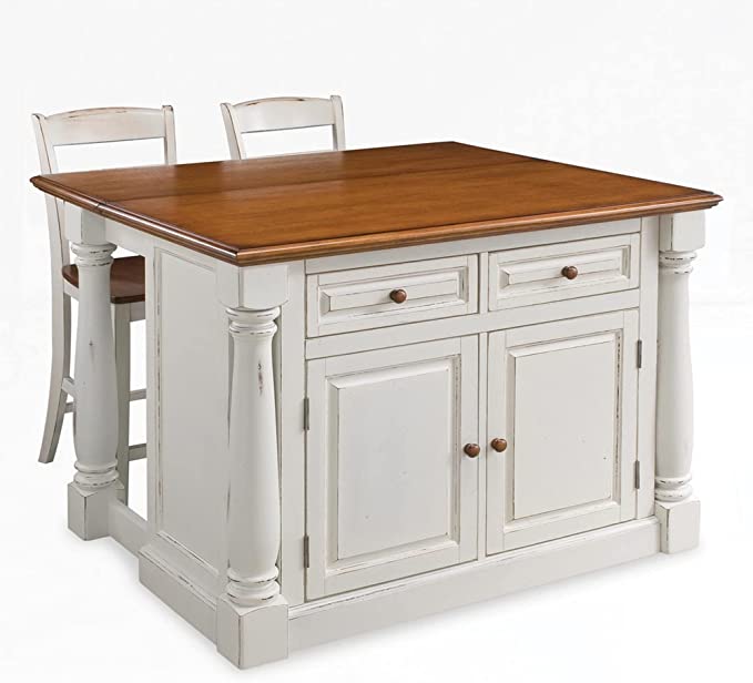Homestyles Monarch Kitchen Island Set, With 2 Stools, Off-White