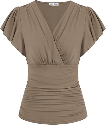 GRACE KARIN 2024 Womens Tops Summer Wrap Blouse V Neck Ruffle Sleeve Dressy Casual Top Ruched T-Shirts