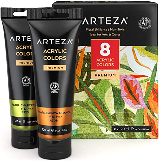 Arteza Metallic Acrylic Paint, Set of 8 Floral Brilliance Colors in 4.06oz Tubes, Rich Pigments, Non Fading, Non Toxic Paints for Artists, Hobby Painters & Kids, Ideal for Canvas Painting & Crafts