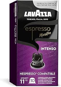 Lavazza, Espresso Maestro Intenso, 30 Aluminium Capsules Compatible with Nespresso Original Machines, Wood, Spice, & Cocoa Notes, Arabica & Robusta, Intensity 11/13, Medium Roasting, Zero CO2 Impact