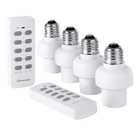 Dewenwils Remote Control Light Lamp Socket E26/E27 Bulb Base, Wireless Light Switch Kit, White (Learning Code, 4 Sockets 2 Remotes)