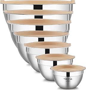 YIHONG Stainless Steel Mixing Bowls Set, 7 Piece Metal Mixing Bowls with Lids Set for Kitchen, Nesting Steel Mixing Bowls Ideal for Baking, Prepping, Cooking, and Serving Food(Khaki)