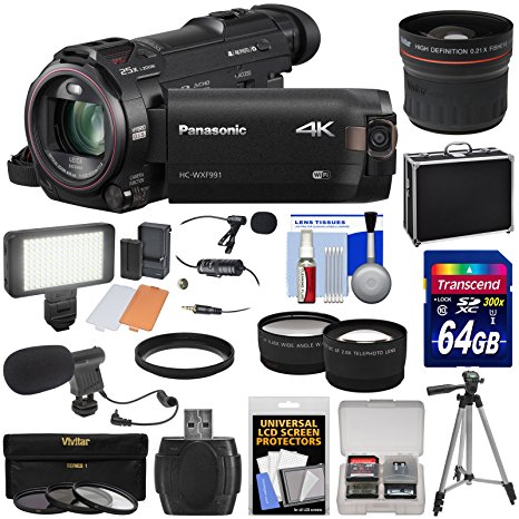 Panasonic HC-WXF991 Wi-Fi 4K Ultra HD Video Camera Camcorder with 64GB   Case   Tripod   LED Light   2 Mics   Filters   Fisheye, Tele/Wide Lenses Kit