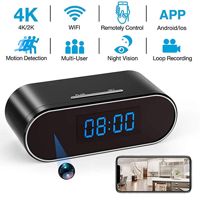 4K Hidden Camera Clock WiFi Wireless 2019 Newest IP Camera with Seven Level Motion Detection Sensitivity,Password Protection and Automatically Turn on/off IR Light Function for Home via iPhone/Android Min Camera