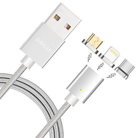 ZHIHUM iPhone X Magnetic Charging Cable 3 in 1 Lightning Type-C Micro USB Automatic Adsorption Magnet Charger&Data Sync Cord Cable for iOS11,iPhone X/8/8plus,Samsung Galaxy Note 8,Android