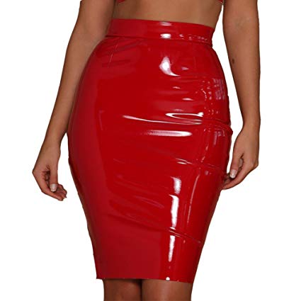 SJWIN Women's Sexy Shiny Wet Look Faux Leather Bodycon Knee-Length Metallic Pencil Skirts
