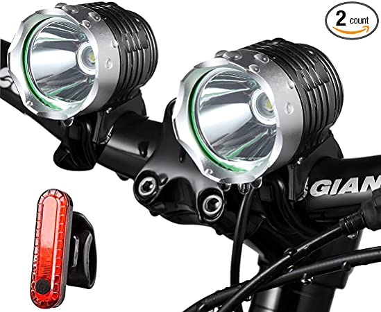 Night Eyes- 2400 Lumens(1200LMx2) Mountain Bike Headlight Bike Light -Rechargeable 8.4V 8800mA Dual Port ABS Waterproof Battey-Free USB BikeTaillight Bonus -NO Tool Required (2PACK Light)