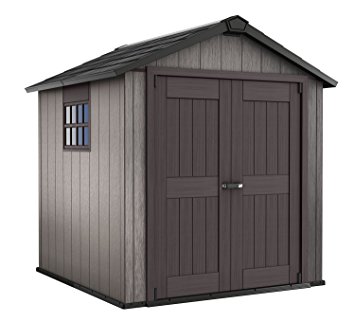 Keter Oakland 7.5 x 7 Outdoor Duotech Storage Shed, Paintable with Window and Skylight, Brown