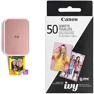 Canon IVY 2 Mini Photo Printer, Print from Compatible iOS & Android Devices, Sticky-Back Prints, Blush Pink   Canon ZINK Photo Paper Pack, 50 Sheets