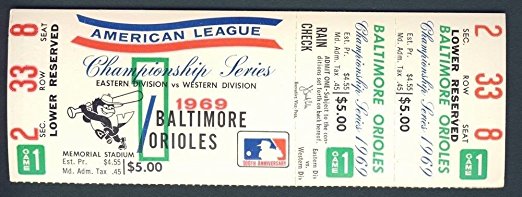 1969 Baltimore Orioles FULL UNUSED ALCS Game 1 Ticket Frank Robinson HR 122772