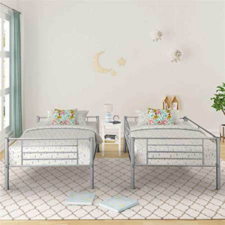 Metal Bunk Beds Twin Over Twin in Silver Metal Finish with Removable Ladder for Children, Teens and Adults(Silver)