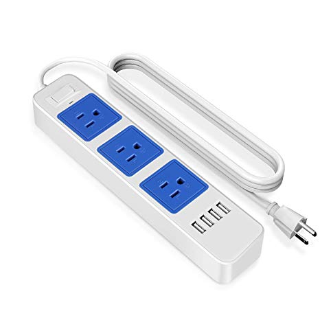 TNP Power Strip with USB Surge Protector - 3 AC Outlet 4 USB Port Charger Charging Station Smart Travel Power Supply Bar Adapter Multi Socket Plug Extension Cord For Smartphone & Appliance (6ft, Blue)