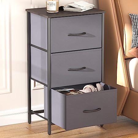 Lifewit Nightstand with 3 Fabric Storage Drawers for Bedroom, Bedside Table Organizer Units in Closet, Living Room, Hallway, Dormitory, Office Organization, Steel Frame&Wood Top, Dark Grey