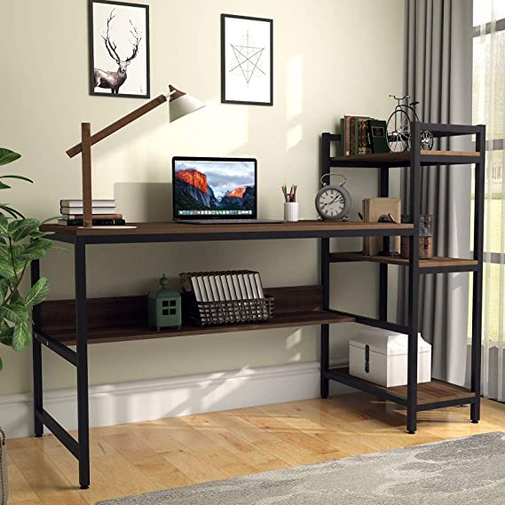 Computer Desk with 4 Tier Storage Shelves - 41.7'' Student Study Table with Bookshelf Modern P2 Wood Desk with Steel Frame for Small Spaces Home Office Workstation Walnut