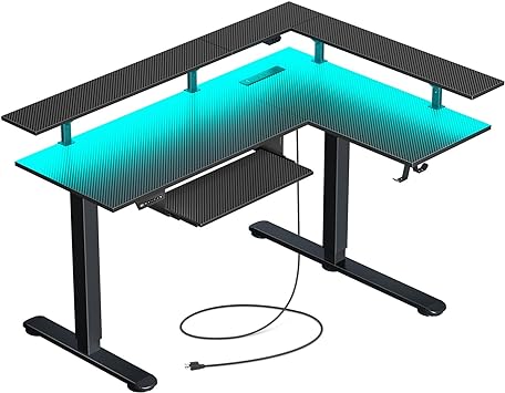 Rolanstar L Shaped Standing Desk with LED Light and Power Outlet, Dual Motor Height Adjustable Electric Standing Desk with Monitor Stand & Keyboard Tray, Sit Stand Desk Carbon Fiber Black