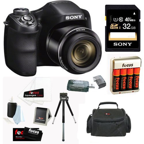 Sony Cyber-shot DSC-H300/B Compact Zoom Digital Camera in Black   Sony 32GB Class 10 Secure Digital Memory Card   Carrying Case   4 AA Rechargeable Batteries w/ Charger   Accessory Kit