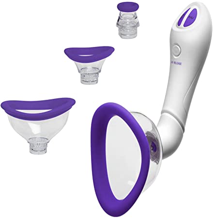 Doc Johnson Bloom - Intimate Body Pump - Automatic - Vibrating - Rechargeable - 4-in-1 Interchangable Set - Heightens Sensitvity, Purple/White