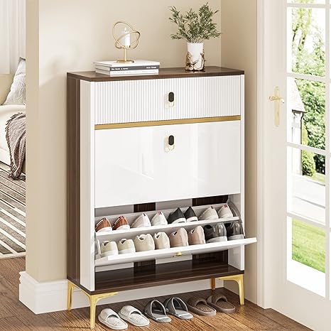Tribesigns Shoe Storage Cabinet for Entryway: Slim Shoe Organizer Cabinet with 2 Flip Drawers, Wooden Shoe Rack with Gold Metal Legs for Entrance, Hallway, Living Room, White & Brown
