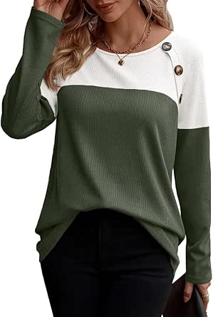 Zeagoo Women Waffle Knit Shirts Long Sleeve Colorblock Tee Button Detail Tunics