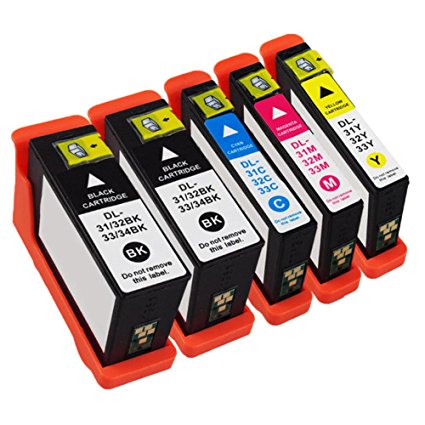 5 Pack Dell Series 31XL(Series 33) New High Capacity Compatible Ink Cartridges Set With Chip (2-Black,1-Magenta,1-Cyan,1-Yellow) Compatible For Dell V525W V725W Printers