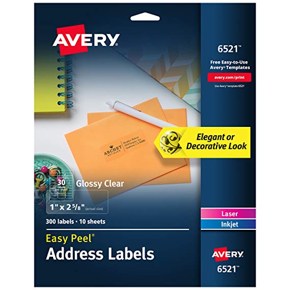 Avery Glossy Crystal Clear Address Labels for Laser & Inkjet Printers, 1" x 2-5/8", 300 Labels (6521)