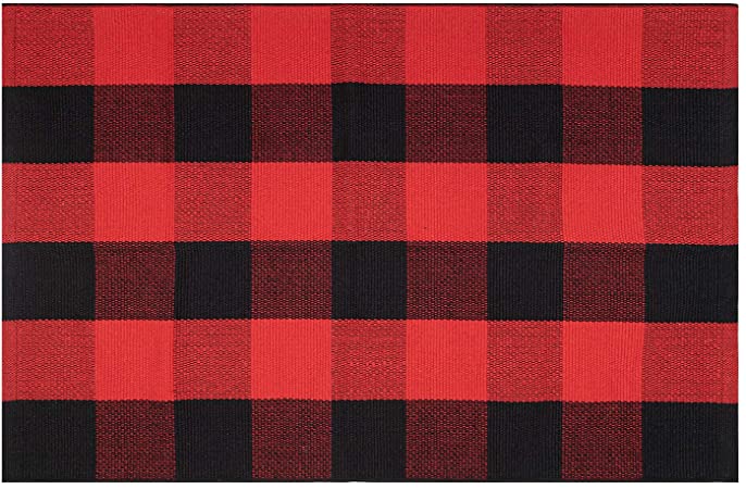 Fasmov Black and Red Plaid Rug 100% Cotton Porch Rugs Hand-Woven Buffalo Checkered Doormat 23" x 35.5"