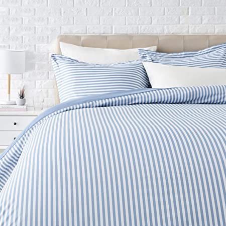 AmazonBasics Light-Weight Microfiber Duvet Cover Set with Zipper Closure - King, Dusty Blue Pinstripe