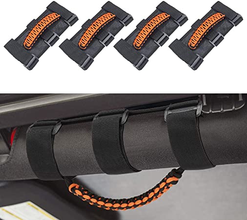 JoyTutus Grab Handles Compatible with Gladiator, 4 Pack Roll Bar Grab Handles Grip Handle, 3 Straps Design for Wrangler Accessories JK JKU JL JLU TJ LJ 1997 to 2021 & Gladiator - Orange