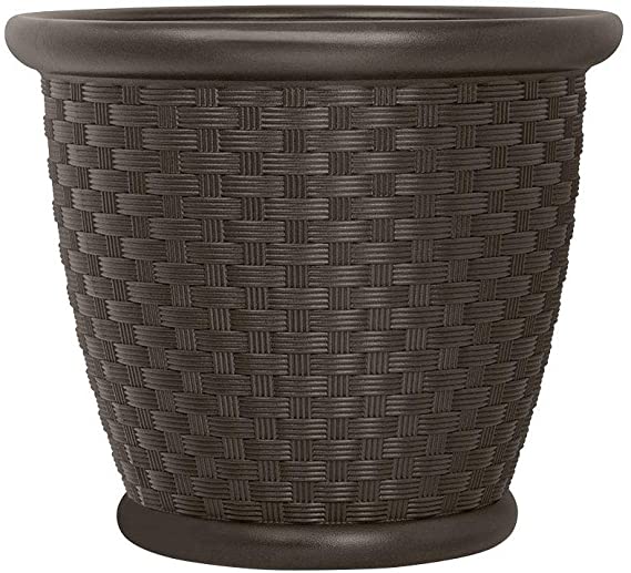 Suncast p181605e34 18" Sonora Resin Wicker Planter Contemporary Lightweight Flower Pot for Indoor and Outdoor, Use, Home, Yard, or Garden, Java