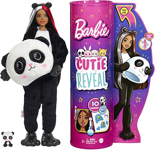 Barbie Cutie Reveal Doll with Panda Plush Costume & 10 Surprises Including Mini Pet & Color Change, Gift for Kids 3 Years & Older