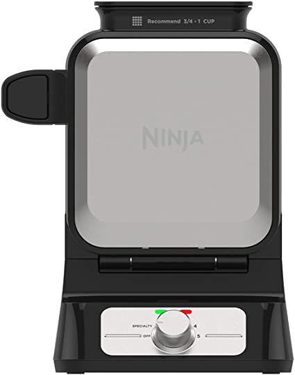 Ninja BW1001 NeverStick PRO Belgian Waffle Maker, Vertical Design, 5 Shade Settings, with Precision-Pour Cup & Chef-curated Recipe Guide, Black & Silver