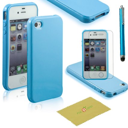Fulland Premium Slim Fit Baby Blue Flexible TPU Gel Soft Skin Case Cover For Apple Iphone 4 4S 4G 4TH Plus Stylus Pen and Screen Protector