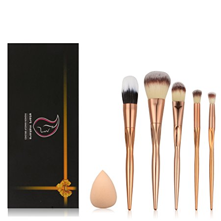 Start Makers Makeup Brush Set - 5pcs Professional Cosmetics Kabuki Brushes - Practical Groove Design Make Up Brushes - Premium Rose Gold Blush Brushes Set with Sponge Brush