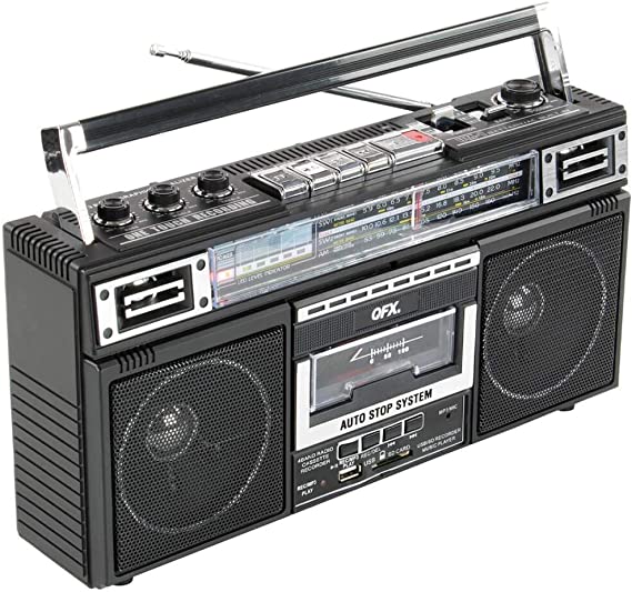 QFX J-220BT ReRun x Cassette Player Boombox with 4-Band Radio, MP3 Converter, and Bluetooth