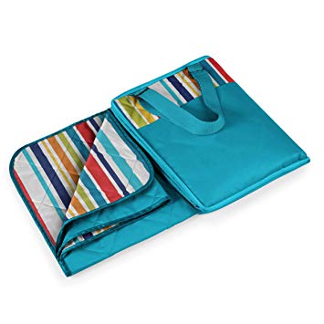 Picnic Time Vista Outdoor Blanket Tote, Aqua Blue with Fun Stripes