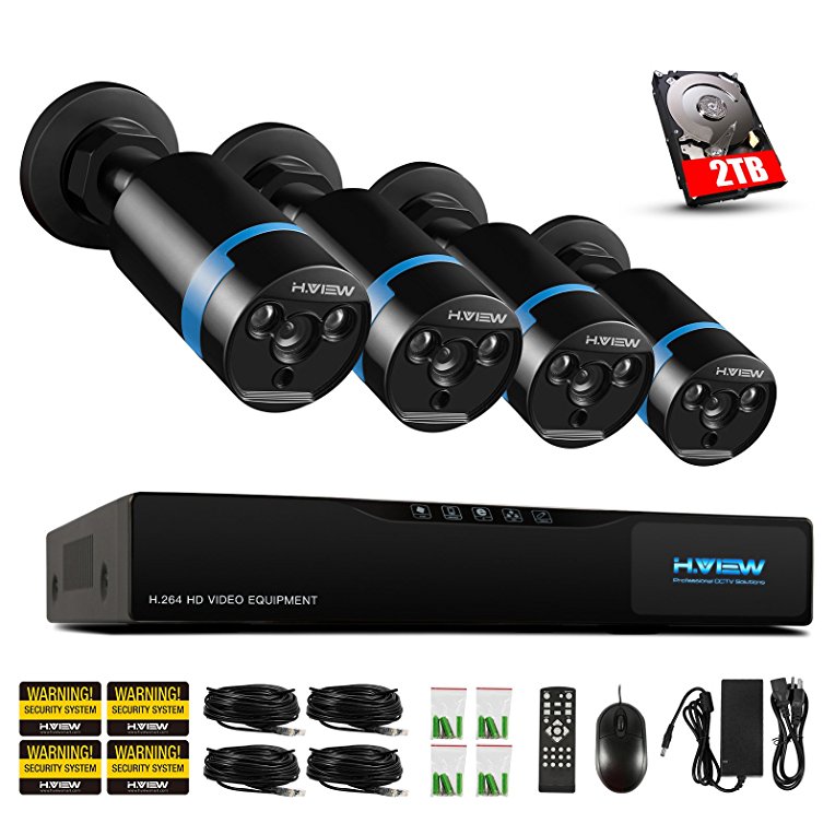 H.View Home Security HD 1080P PoE CCTV Camera System HD NVR Security CCTV Camera with 2TB HDD,4PCS 2.0 Megapixels Bullet Cameras,Power over Ethernet Home Surveillance Enhance Night Vision System(With 2TB hard drive installed)