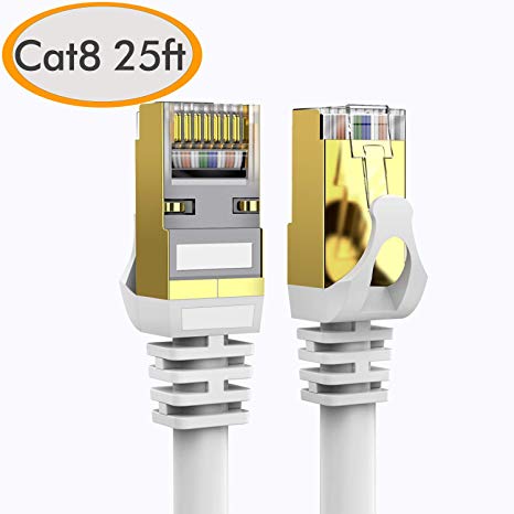 Cat 8 Ethernet Cable 25 ft Shielded, Internet Network Computer Patch Cord–Faster Than Cat5/Cat5e/cat6/cat7 Network, Durable Cat8 High Speed LAN Wire with Rj45 Connectors for Router, Modem-White