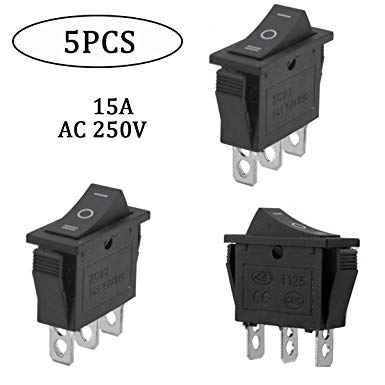 URBEST AC 15A/250V 20A/125V Plastic Metal Black 3 Pin On-Off-On Terminals SPDT Snap Rocker Switch(Pack of 5)