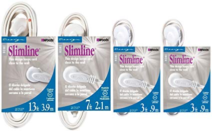 Slimline Extension Cord Bundle - one 2237 (13 ft)   one 2236 (7 ft)   two 2235 (3 ft) - All 2 Wire, Right Angle Flat agains Wall plugs with 3 outlets each.