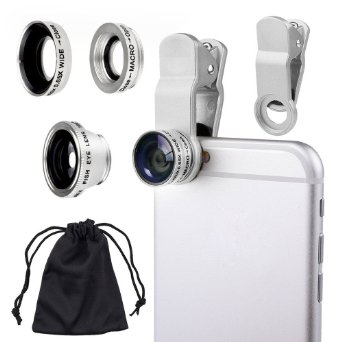 Shinefuture Universal 3 in 1 180 degree Clip Fish Eye   Wide Angle   Macro Lens Clip Camera Photo Kit For iPhone 6S 6 5S Samsung Galaxy S6 Android and All Other Smartphones (Silver)