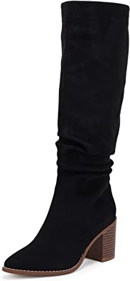 Huiyuzhi Womens Pointed Toe Knee High Boots Mid Chunky Heel Faux Suede Side Zipper Riding Booties