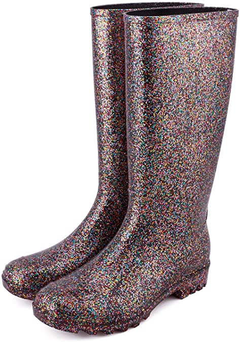 KomForme Women’ s Knee High Waterproof Rain Boots Glitter, Matte and Gradient