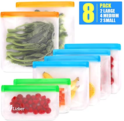[8 Pack] Lizber Reusable Food Storage Bags, Lay-flat Double Seam Style Freezer Bags (2 Large Gallon Bags & 4 Sandwich Bags & 2 Snacks Lunch Bags), PEVA Made Ziploc Bags/BPA & Plastic Free/Leakproof