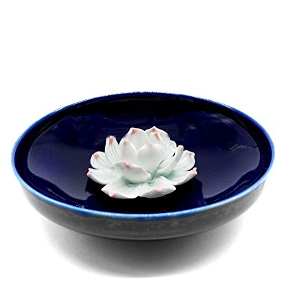 TrendBox Ceramic Handmade Artistic Incense Holder Burner Stick Coil Lotus Ash Catcher Buddhist Water Lily Plate - One Hole Round Blue