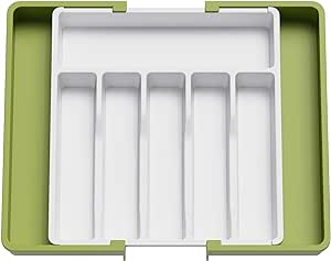 Lifewit Cutlery Drawer Organiser, Expandable Utensil Tray for Kitchen, Adjustable Silverware and Flatware Holder, Compact Plastic Storage for Spoons Forks Knives, Large, Green&White