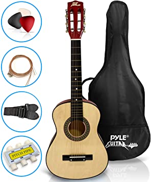 Beginner 30” Classical Acoustic Guitar - 6 String Linden Wood Traditional Style Guitar w/ Wood Fretboard, Case Bag, Nylon Strap, Tuner, 3 Picks - Great for Beginner, Children Use - Pyle PGAKT30