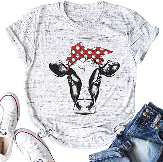 Cow Shirt Women Funny Cute Printed Graphic Tee Summer Loose Casual Short Sleeve Top